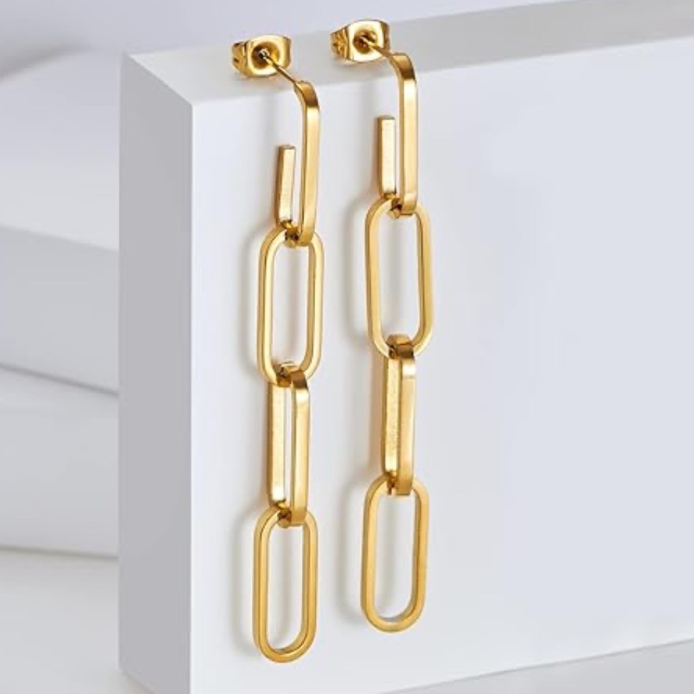 Contemporary Gold Tone Paperclip Chain Link Drop Earrings Long Dangle Pierced
